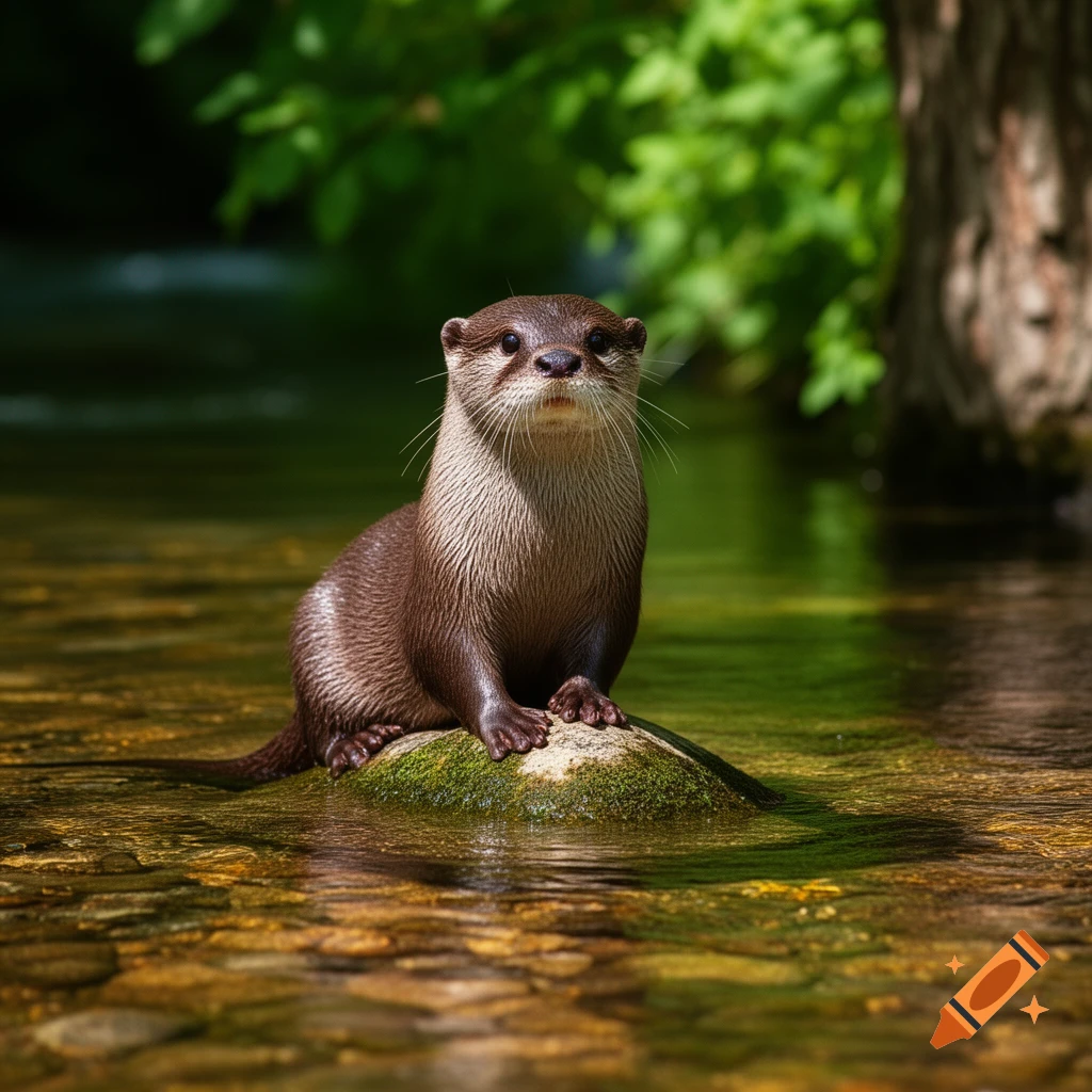 A photorealistic image of a wet otter sitting on a mossy rock in a clear, shallow river with green foliage in the background.