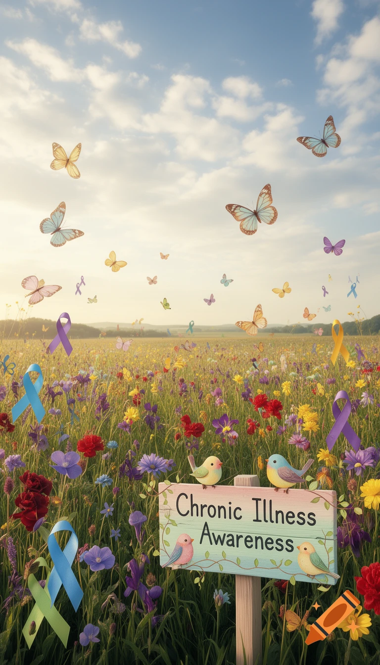 A vibrant wildflower meadow with butterflies, colorful awareness ribbons, and a sign reading 'Chronic Illness Awareness,' adorned with cartoon birds.