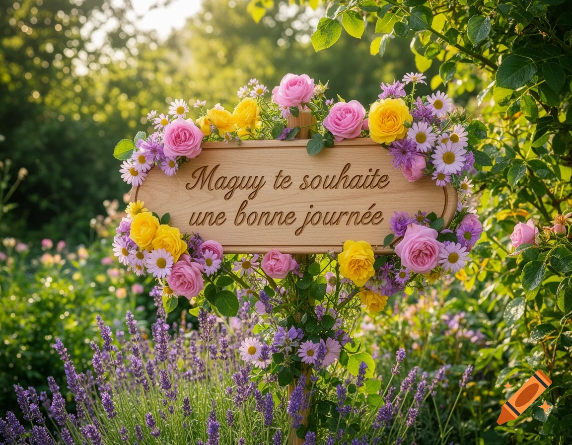 A wooden sign with 'Maguy te souhaite une bonne journée' surrounded by pink and yellow roses, lavender, and daisies in a sunny garden.