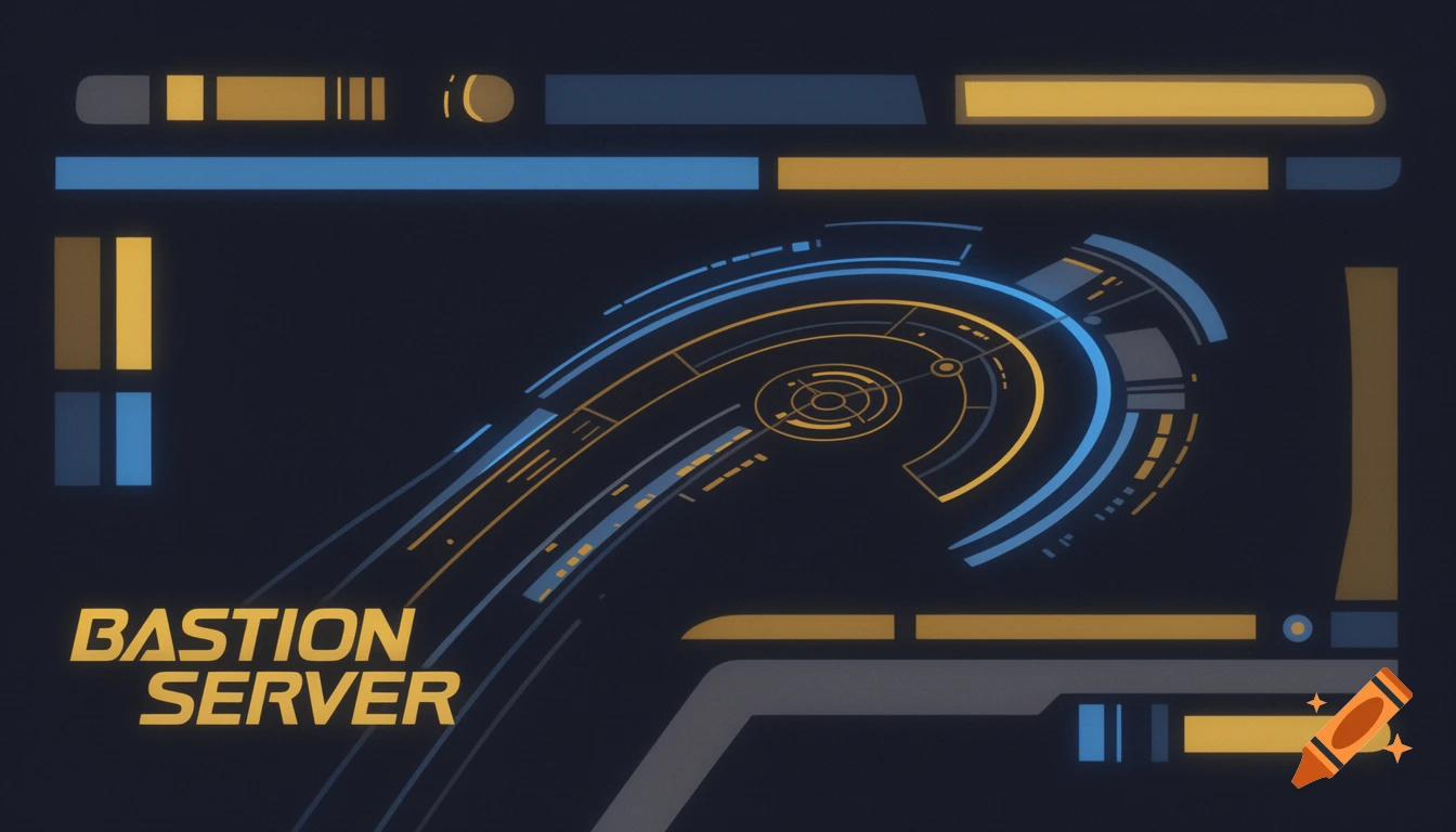 A futuristic blue and gold user interface with the text 'BASTION SERVER' in the bottom left, reminiscent of Star Trek TNG.