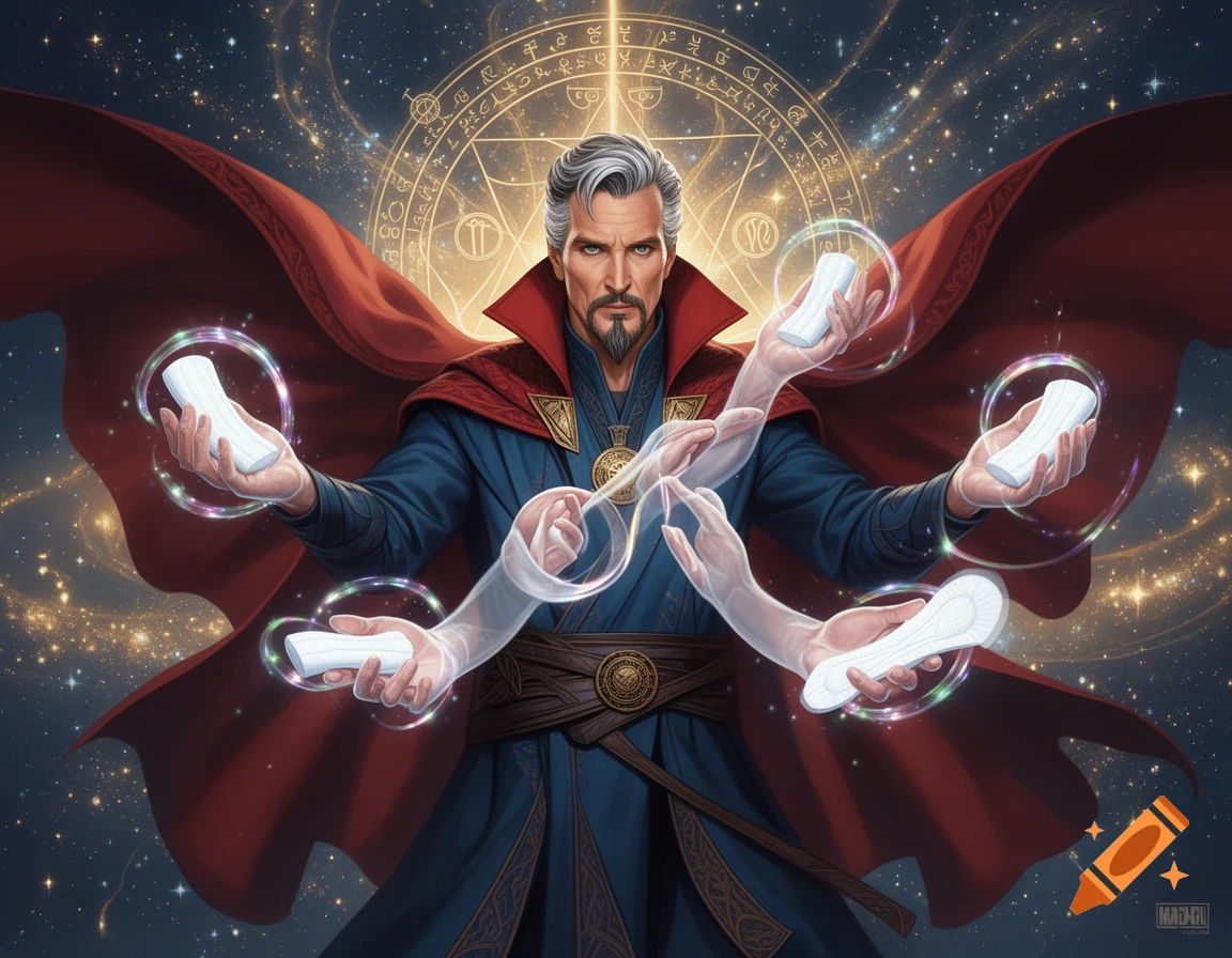 Doctor Strange with multiple glowing, ethereal hands holding sanitary pads and tampons, against a starry, magical background.