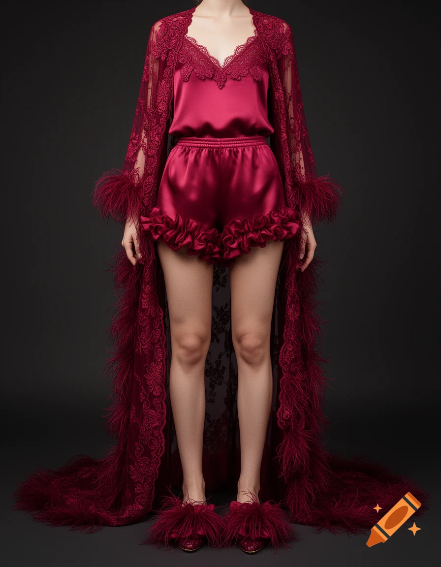 A person in a luxurious dark ruby red silk and lace camisole, shorts with ruffles, a long feathered robe, and feathered slippers.