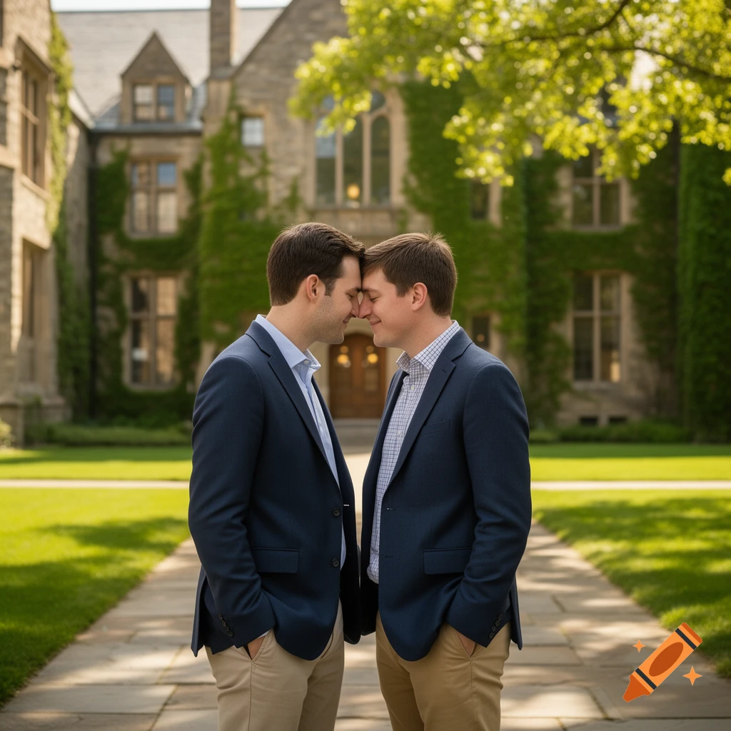 Two men in blazers with foreheads touching, smiling, on a path in front of an ivy-covered stone building.