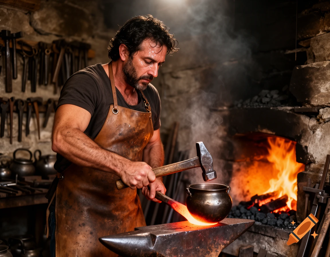 A blacksmith wearing a leather apron hammers a metal pot on an anvil in a fiery forge.