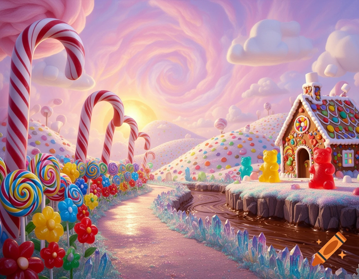 A vibrant Candyland fantasy landscape with candy canes, lollipop flowers, gumdrop hills, a gingerbread house, gummy bears, and a chocolate river.
