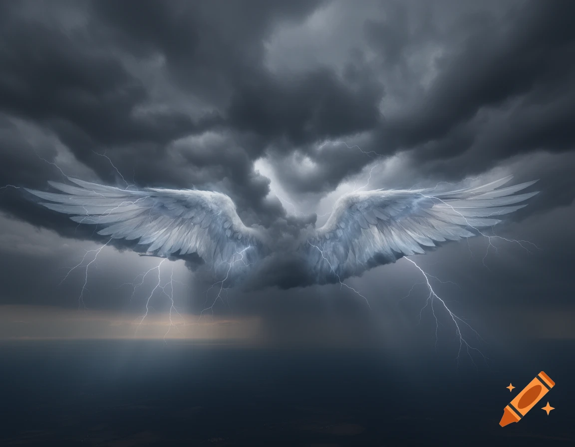 Large white angel wings appear to emerge from dark, dramatic storm clouds with multiple lightning bolts striking around them, above a dark horizon.