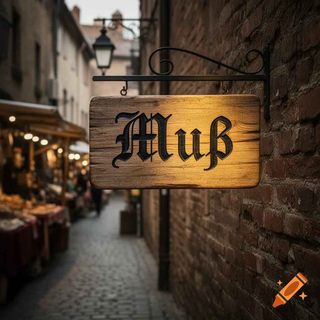 A wooden sign with 'Mu f b' in an old German font hangs on a brick wall above a blurred cobbled street with market stalls.