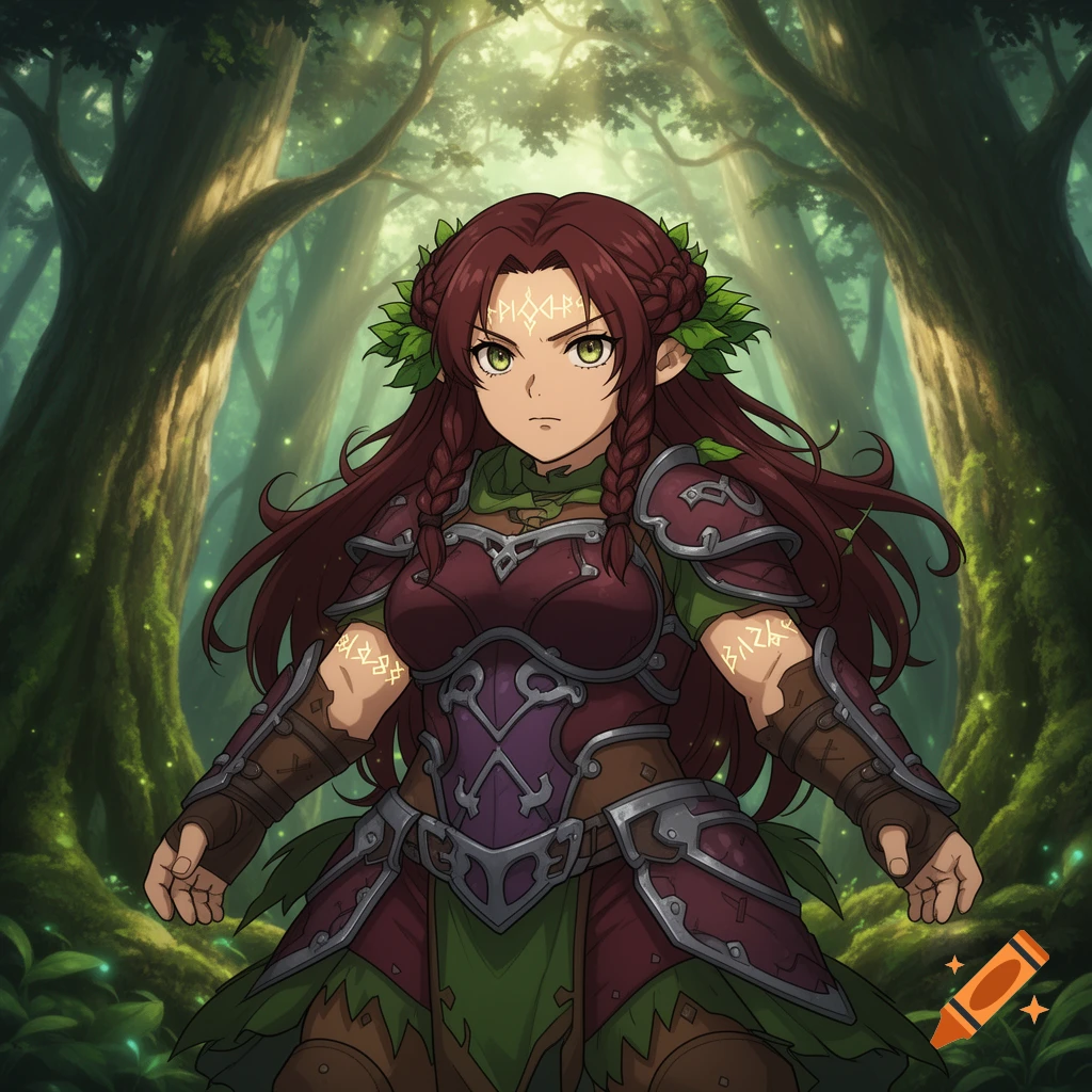 An anime-style druid elf with long braided red hair adorned with leaves, green eyes, wearing maroon, green, and purple leather armor with metal details and garbled rune markings on her forehead and arms, standing in a lush green forest with glowing particles.