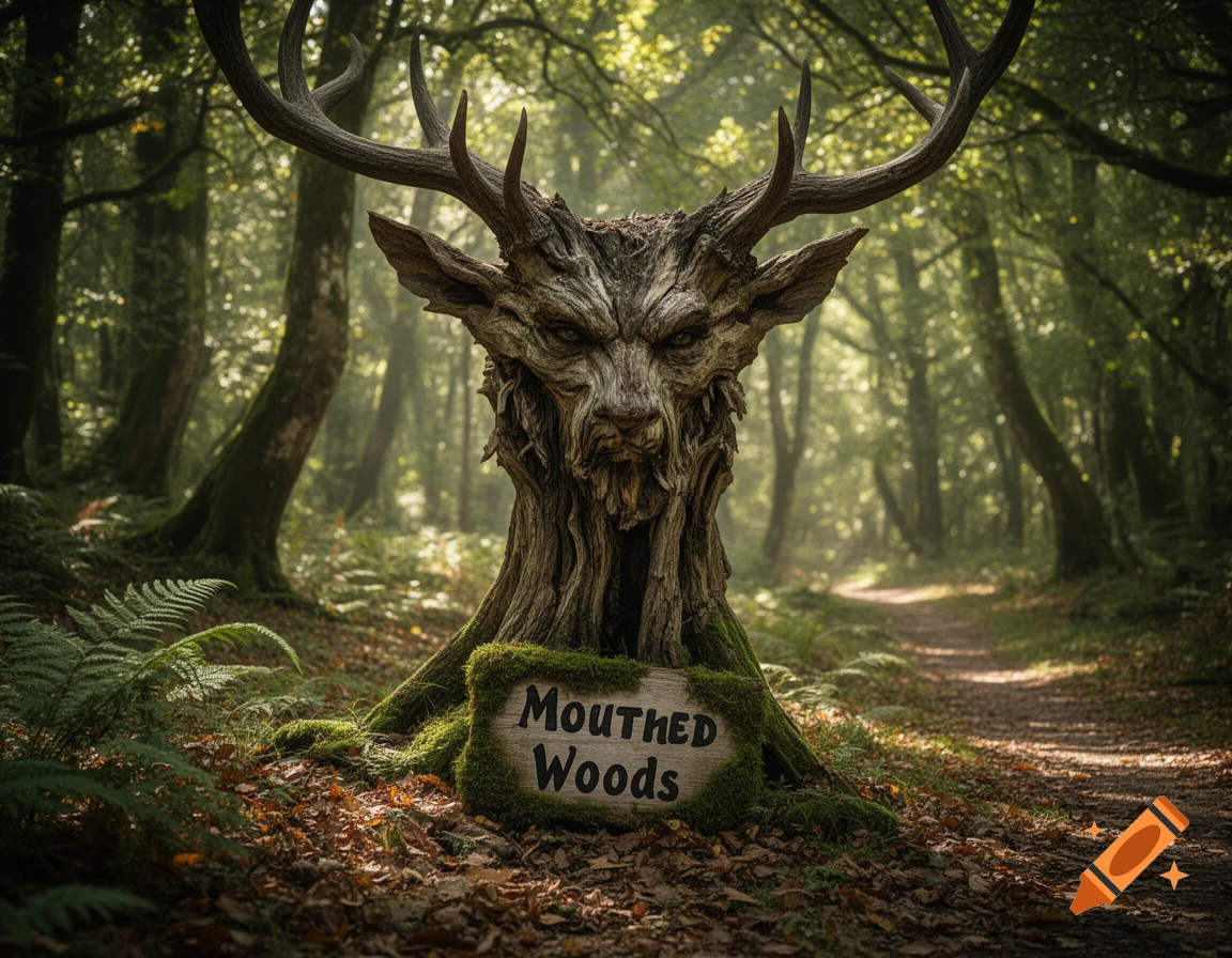 A photorealistic tree creature with deer antlers and a menacing face stands in a sun-dappled forest, a sign reads "MOUTHED WOODS" at its base.