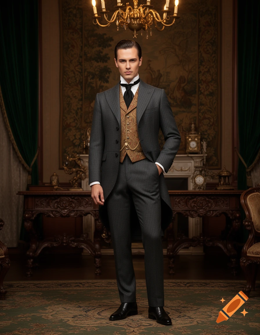 A man in a charcoal gray vintage tailcoat suit and patterned gold waistcoat stands in an opulent room with a chandelier and ornate furniture.