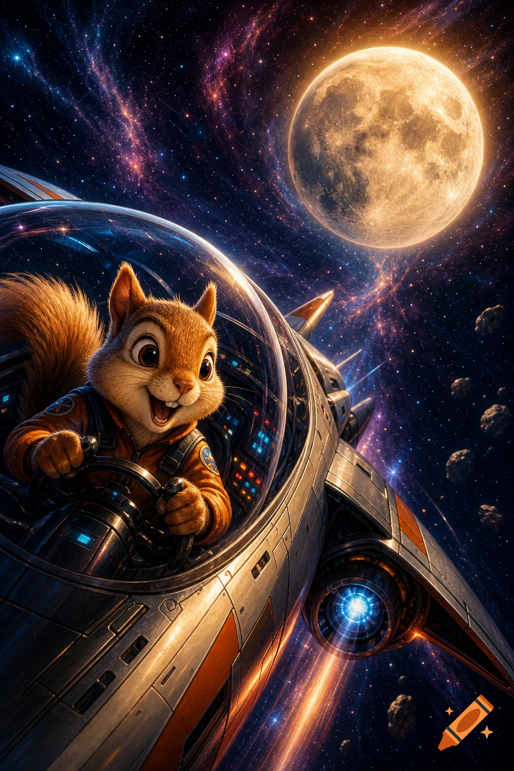 A happy cartoon squirrel in a spacesuit pilots a futuristic spaceship through a starry galaxy with a bright moon.