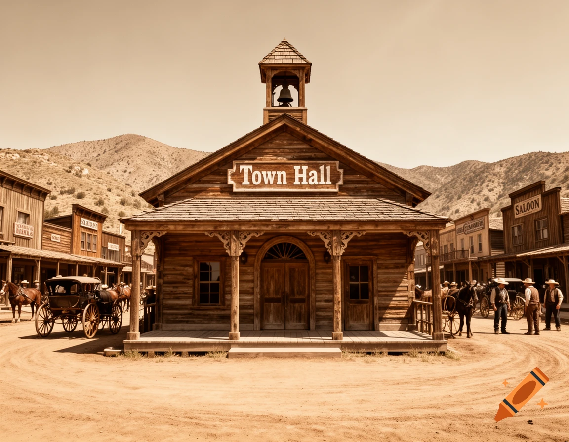 A sepia-toned Wild West town hall stands prominently on a dirt road, flanked by other wooden buildings, with people, carriages, and mountains in the background.
