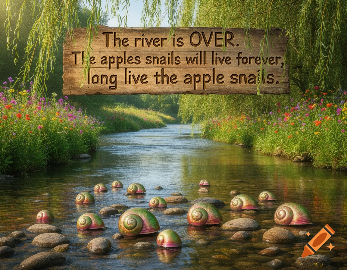 Photorealistic river with colorful flowers, spiraled apple snails on rocks, and a wooden sign bearing a message about apple snails.