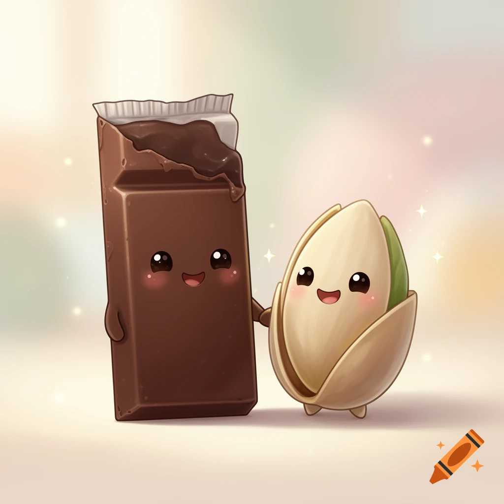 A cute cartoon chocolate bar and a pistachio with happy faces holding hands on a sparkling, soft background.