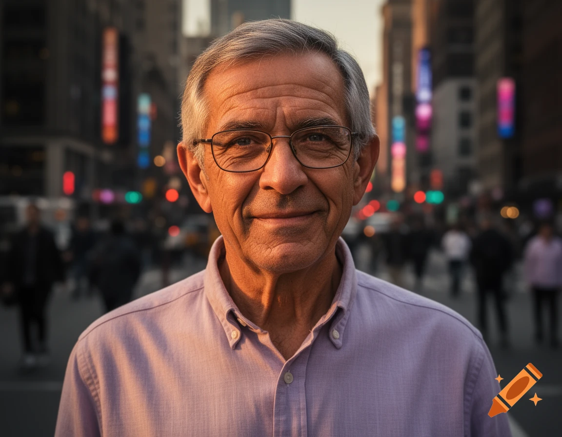 A smiling senior man with gray hair and glasses in a purple shirt stands on a city street at dusk.