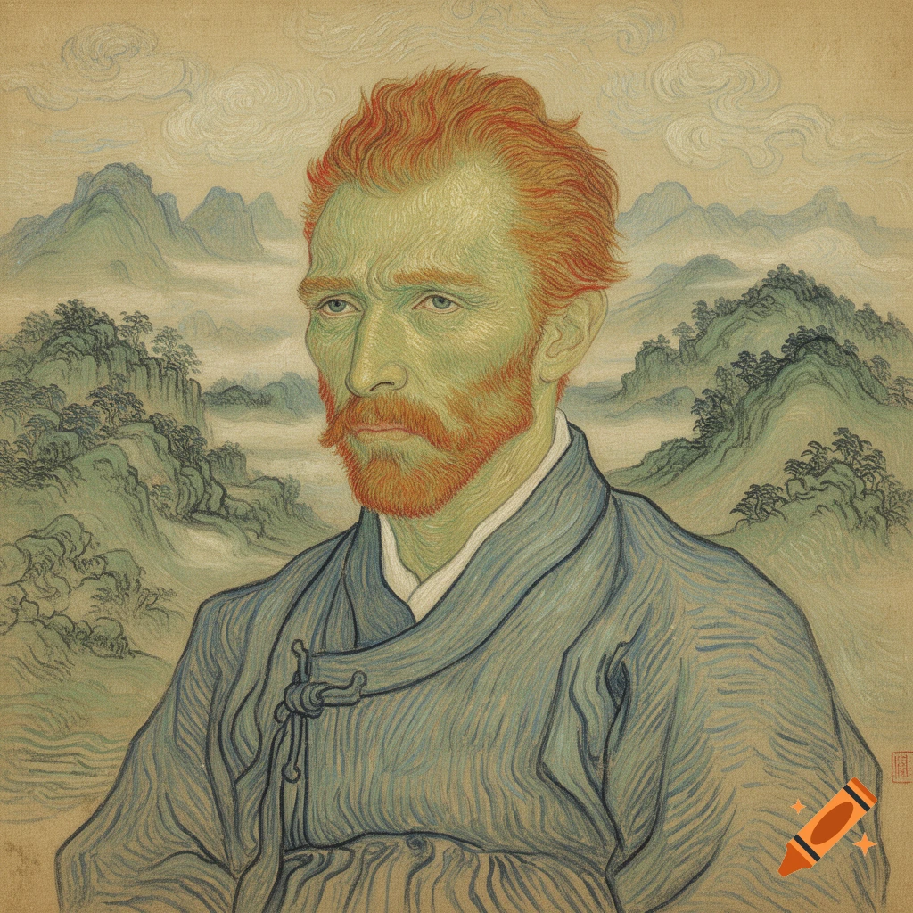A stylized portrait of Vincent van Gogh with green skin and red hair, wearing a traditional Korean hanbok, against a misty mountain landscape.