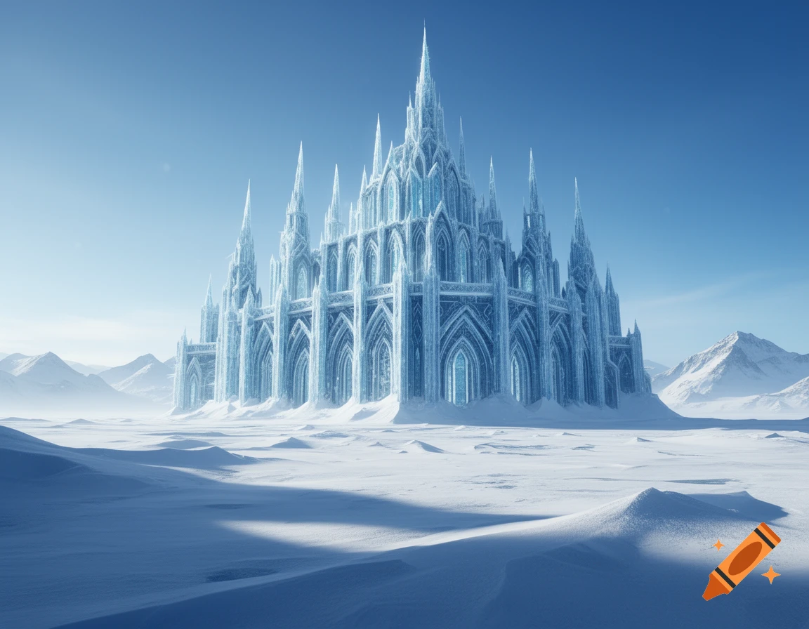 A majestic, crystalline ice castle with numerous spires in a vast, snow-covered winter landscape under a clear blue sky.