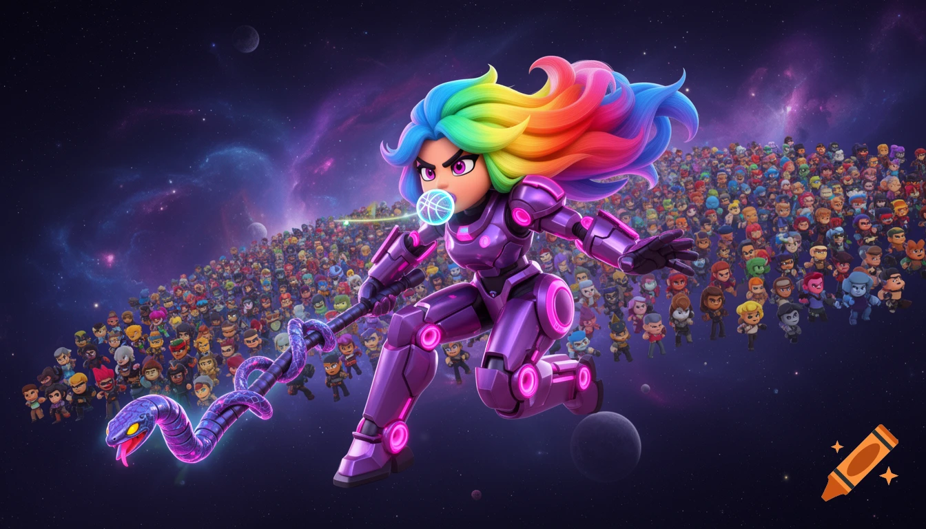 Bibi from Brawl Stars in a rainbow wig and purple Mecha suit, blowing a basketball bubble, holding a snake club, flying through space with a character army.