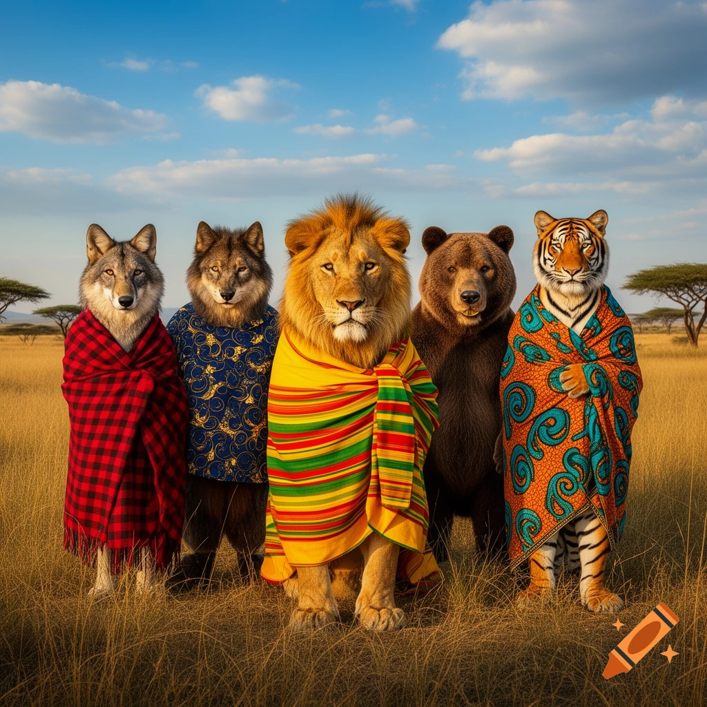 Five anthropomorphic animals, including a wolf, lion, bear, and tiger, stand in a savanna wearing colorful patterned garments.