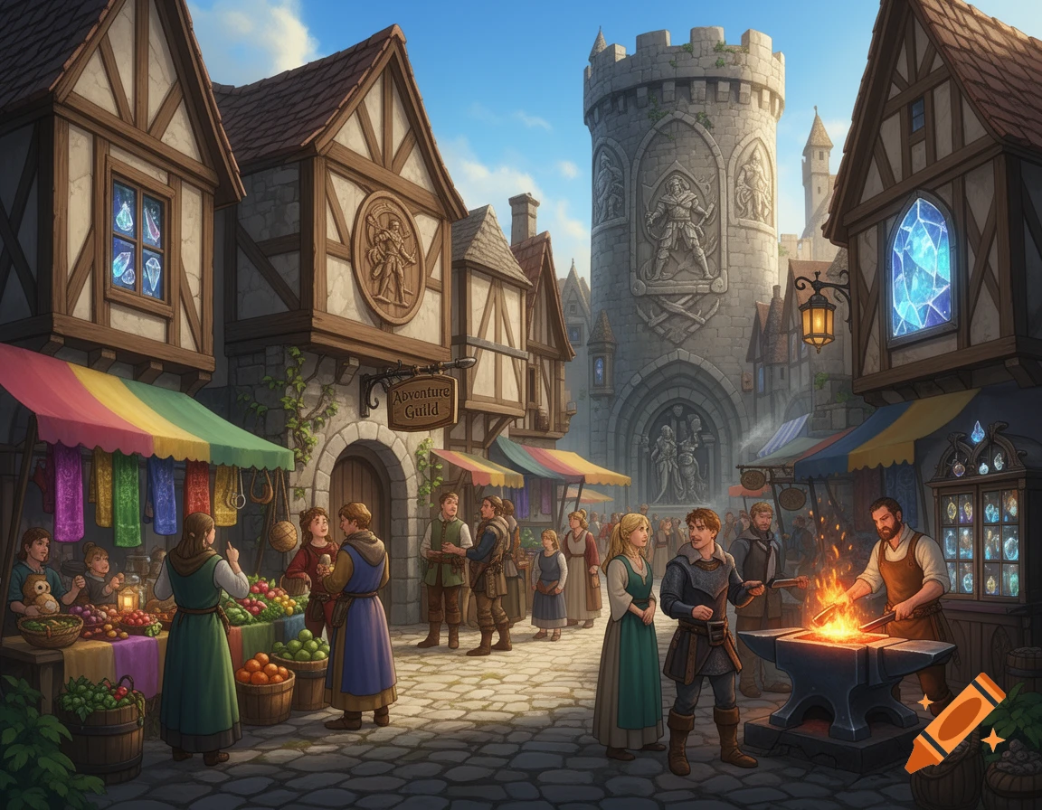 A detailed, vibrant medieval market scene with people, stalls, a blacksmith, and a large stone castle tower in the background.