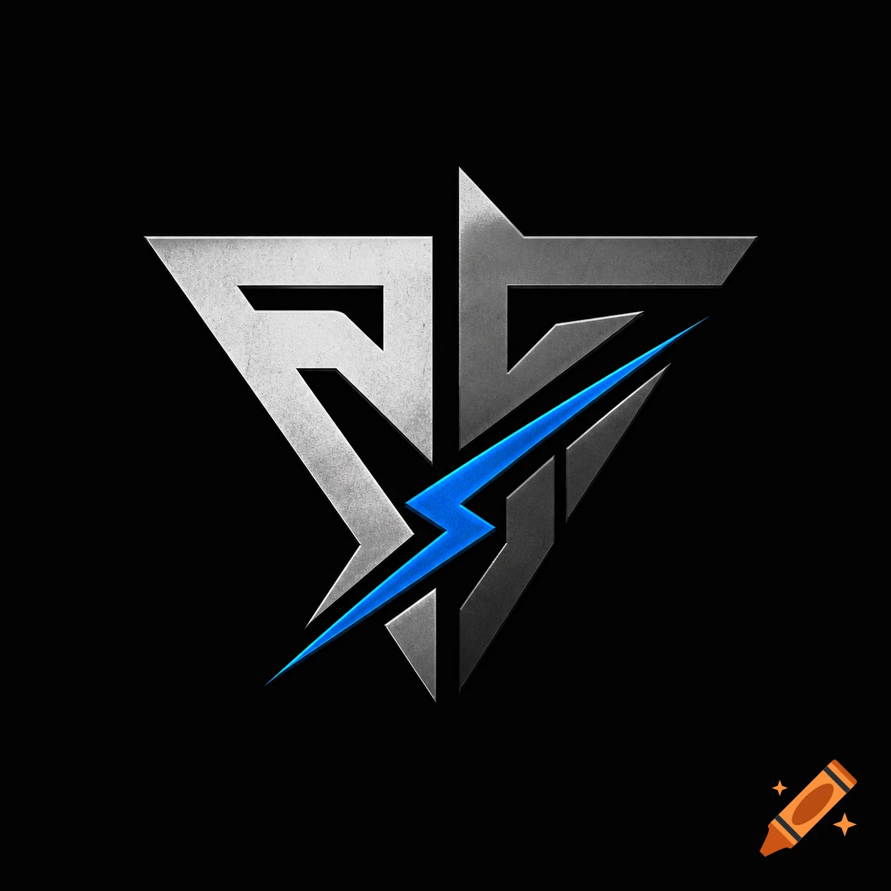 A modern metallic logo features interlocking silver and dark gray geometric shapes, bisected by a bright blue lightning bolt on a black background.