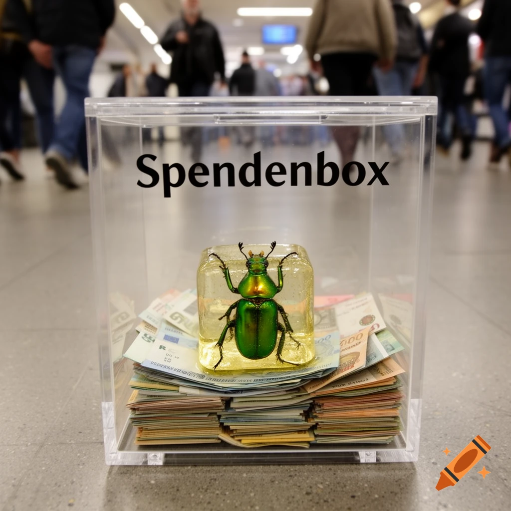 A clear donation box on a tiled floor contains stacks of banknotes and a large metallic green beetle encased in amber, with blurred people in the background.