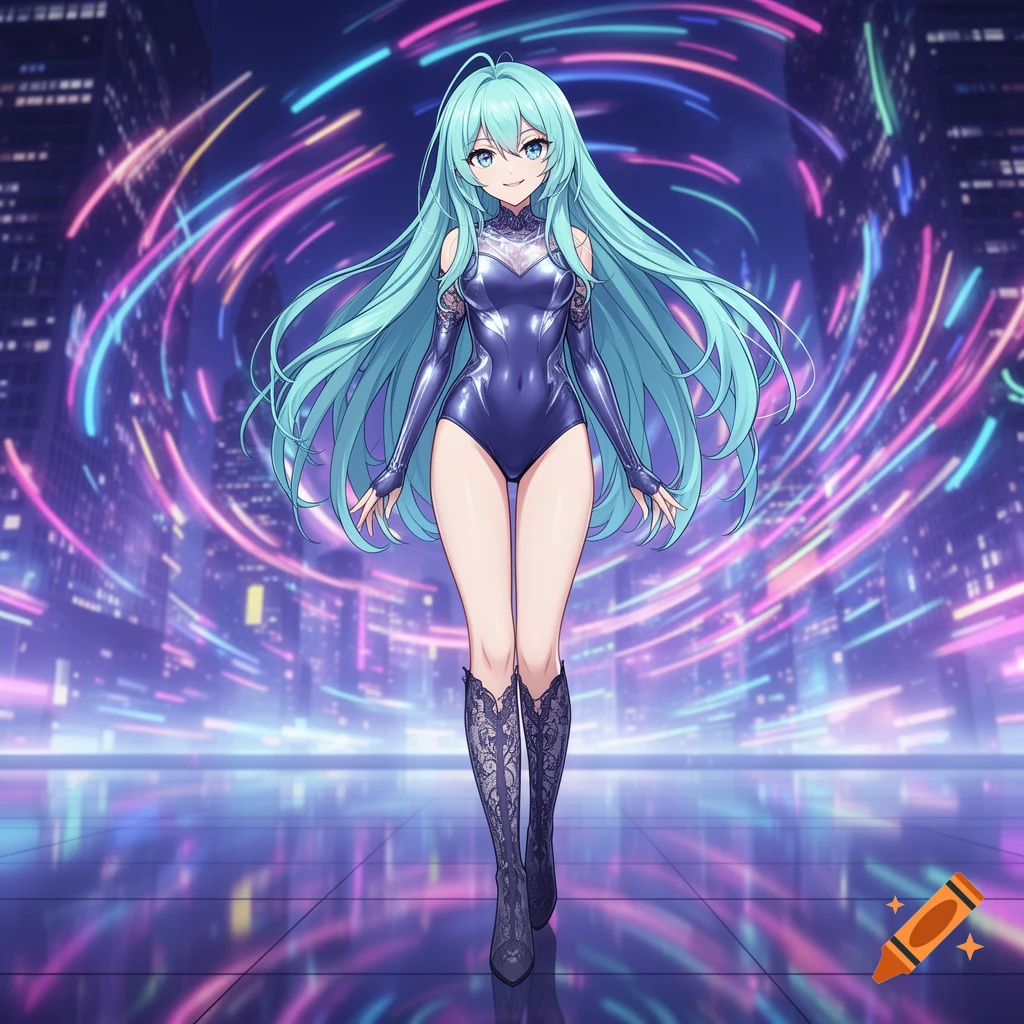 An anime girl with long aqua hair and a navy leotard stands on a reflective floor in front of a neon-lit futuristic city.