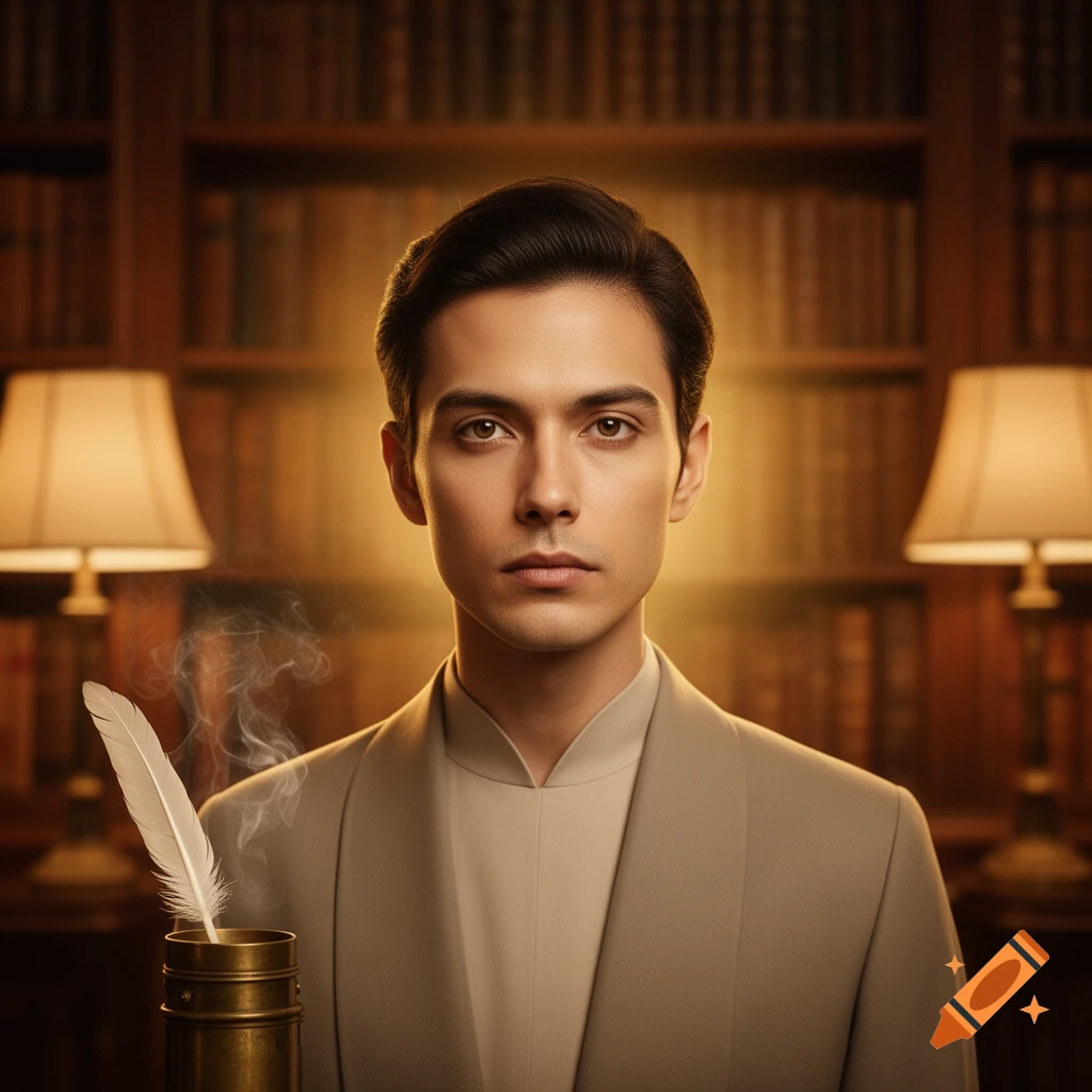 Photorealistic portrait of a serious man with dark hair, holding a quill and inkwell, against a blurred library background.