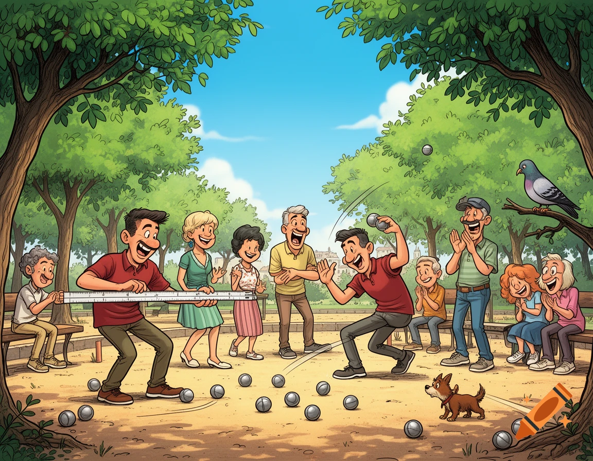 Cartoon of people playing pétanque in a sunny park, with players measuring a gap, throwing a ball, a dog watching, and a pigeon on a branch.