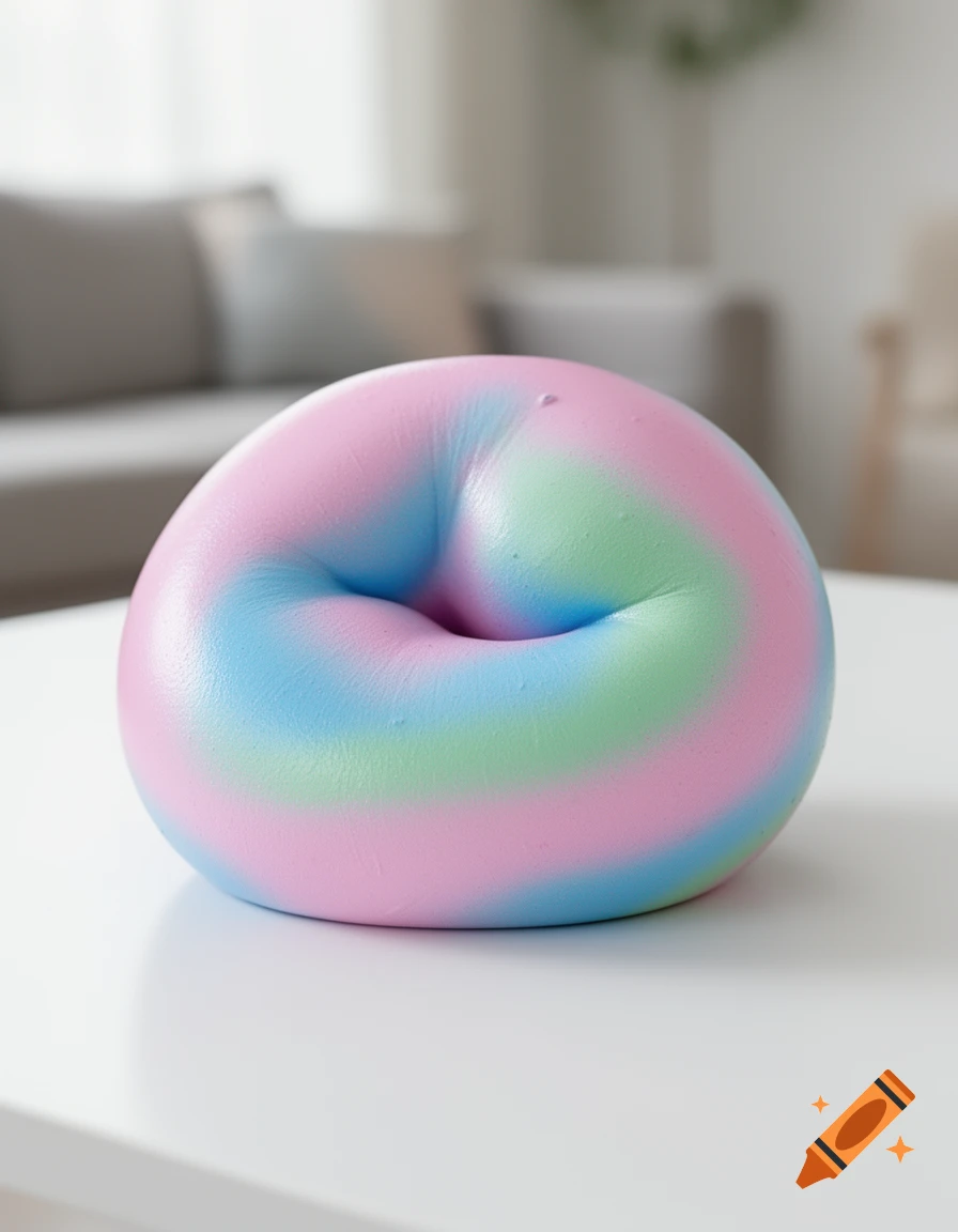 A pastel rainbow squishy toy in shades of pink, blue, and green sits on a white table in a softly lit room.