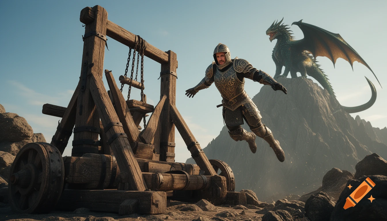 A knight in ornate armor flies through the air, launched from a wooden catapult, towards a green dragon perched on a distant rocky mountain.