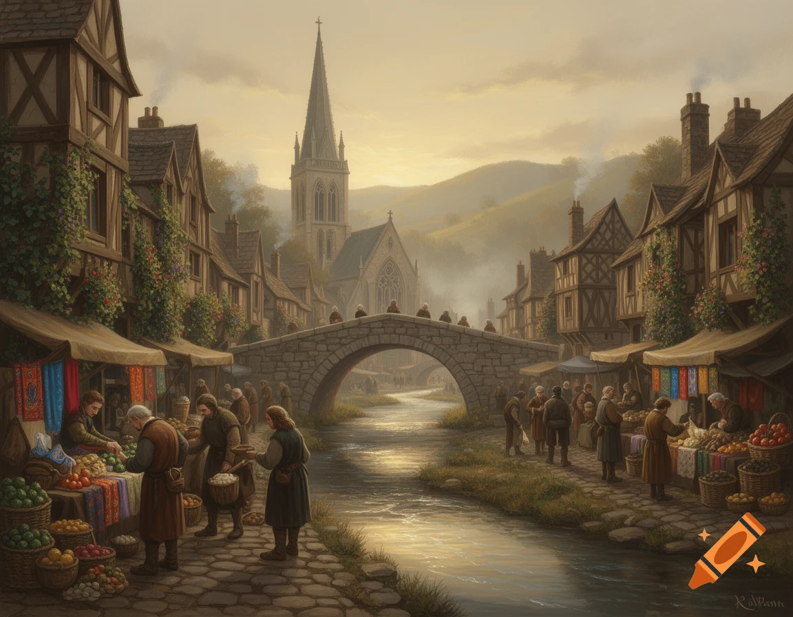 A bustling medieval market scene with villagers, stalls, a river, a stone bridge, and a church under a warm, hazy sky.