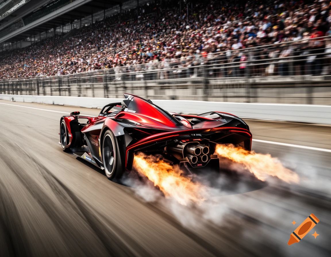 A red and black futuristic race car spewing flames from its exhaust on a track, with blurred spectators in the background, photorealistic style.