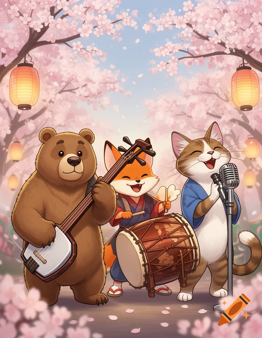 A cartoon bear plays a sanshin, a fox plays a taiko drum, and a cat sings into a microphone, surrounded by cherry blossoms and Japanese lanterns.