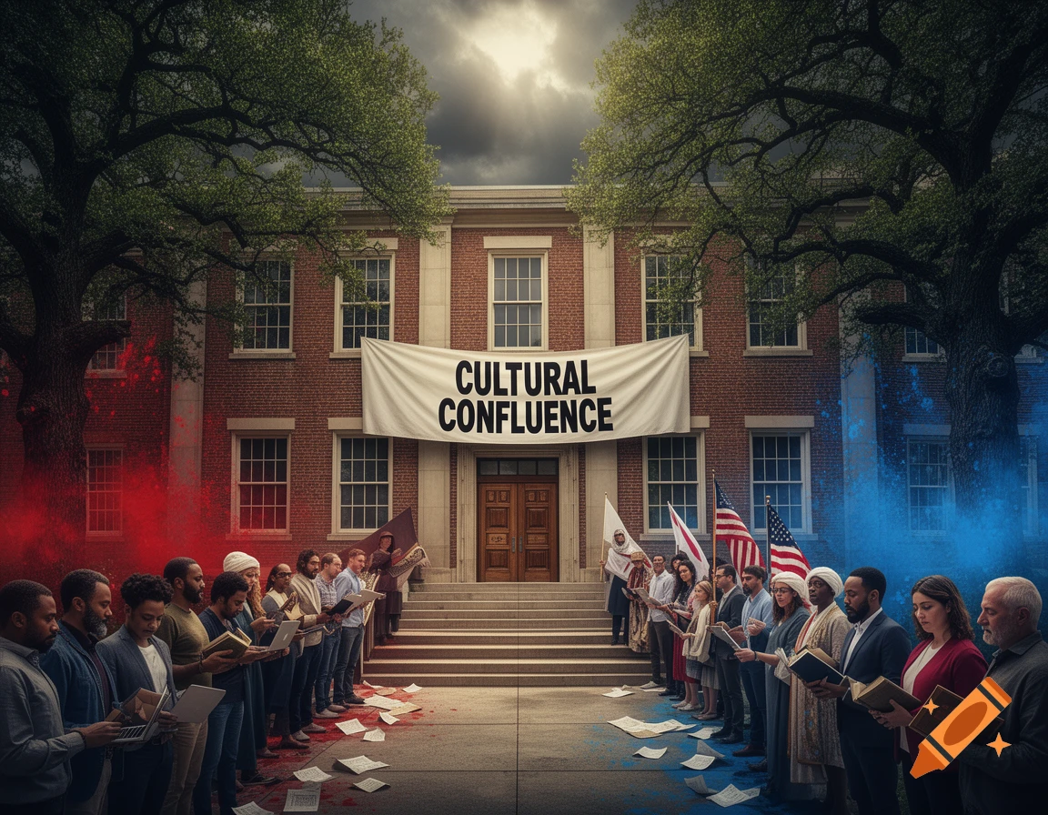 Diverse groups of people stand opposed in front of a brick building with a 'CULTURAL CONFLUENCE' banner, illuminated by red and blue light.