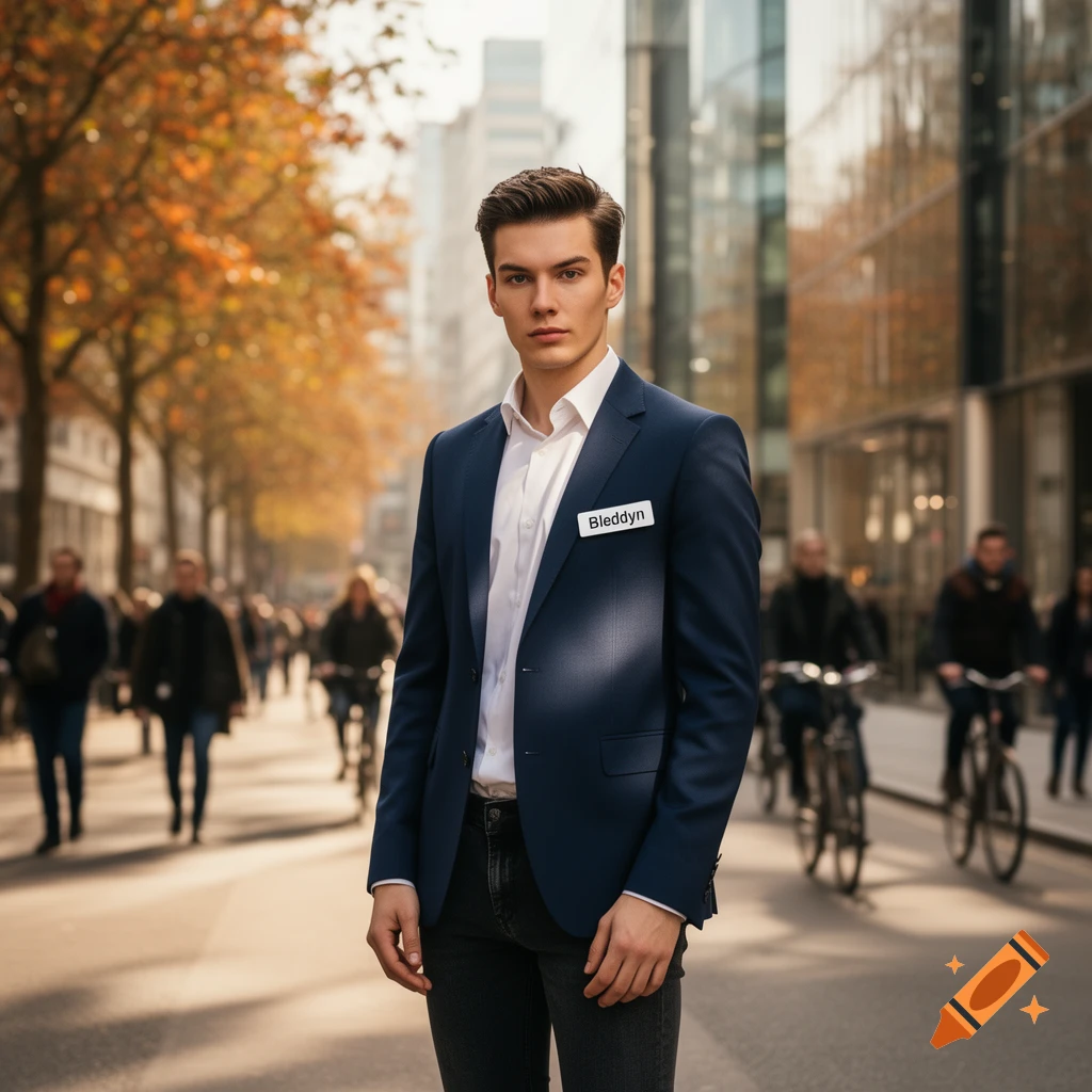 A man in a navy suit and white shirt with a 'Bleddyn' name tag stands on an autumn city street.