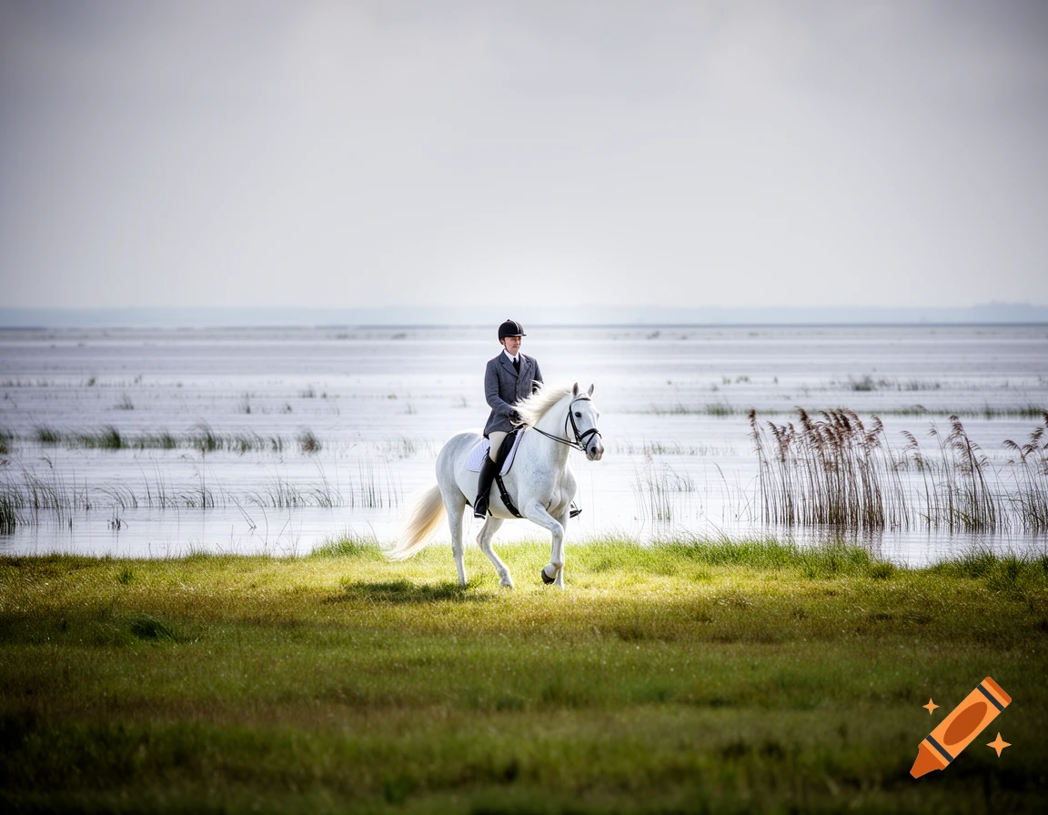 A person in equestrian gear rides a white horse along a grassy shore beside a large body of water under an overcast sky.