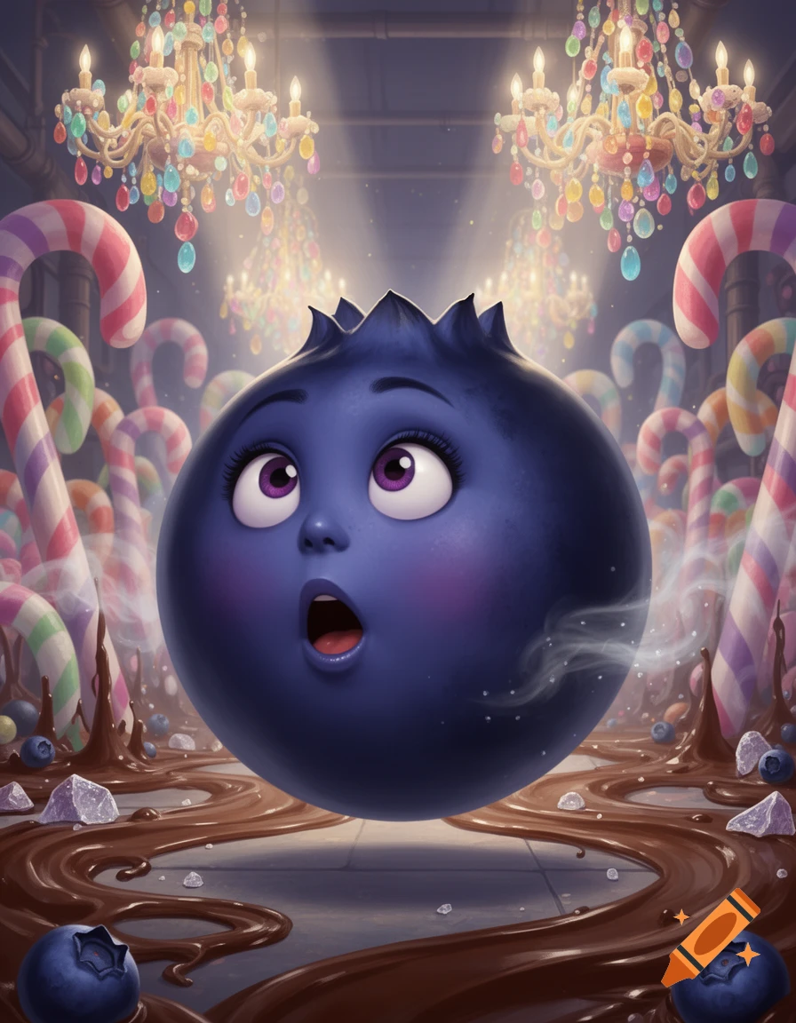 A cartoon blueberry with a surprised face floats above melted chocolate, surrounded by candy canes and colorful chandeliers.