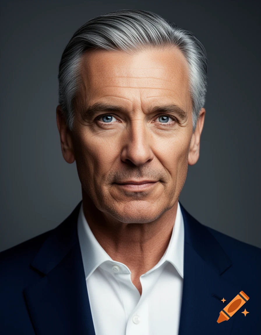 Close-up photorealistic portrait of an older man with grey hair and blue eyes, wearing a dark blue suit and white shirt.