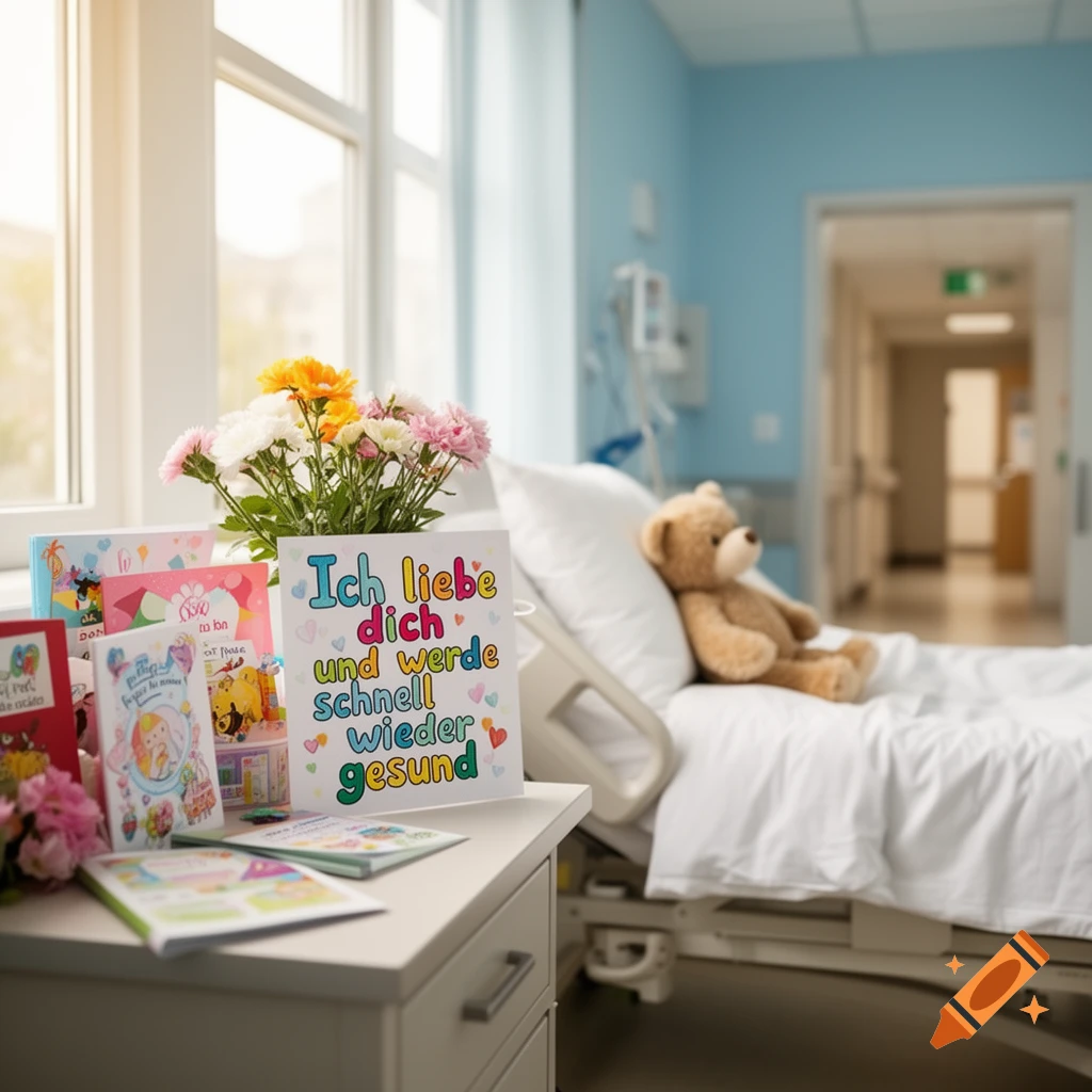 A thoughtful still life in a bright hospital room, featuring a bouquet of flowers, colorful get-well cards, and a teddy bear on the bed.
