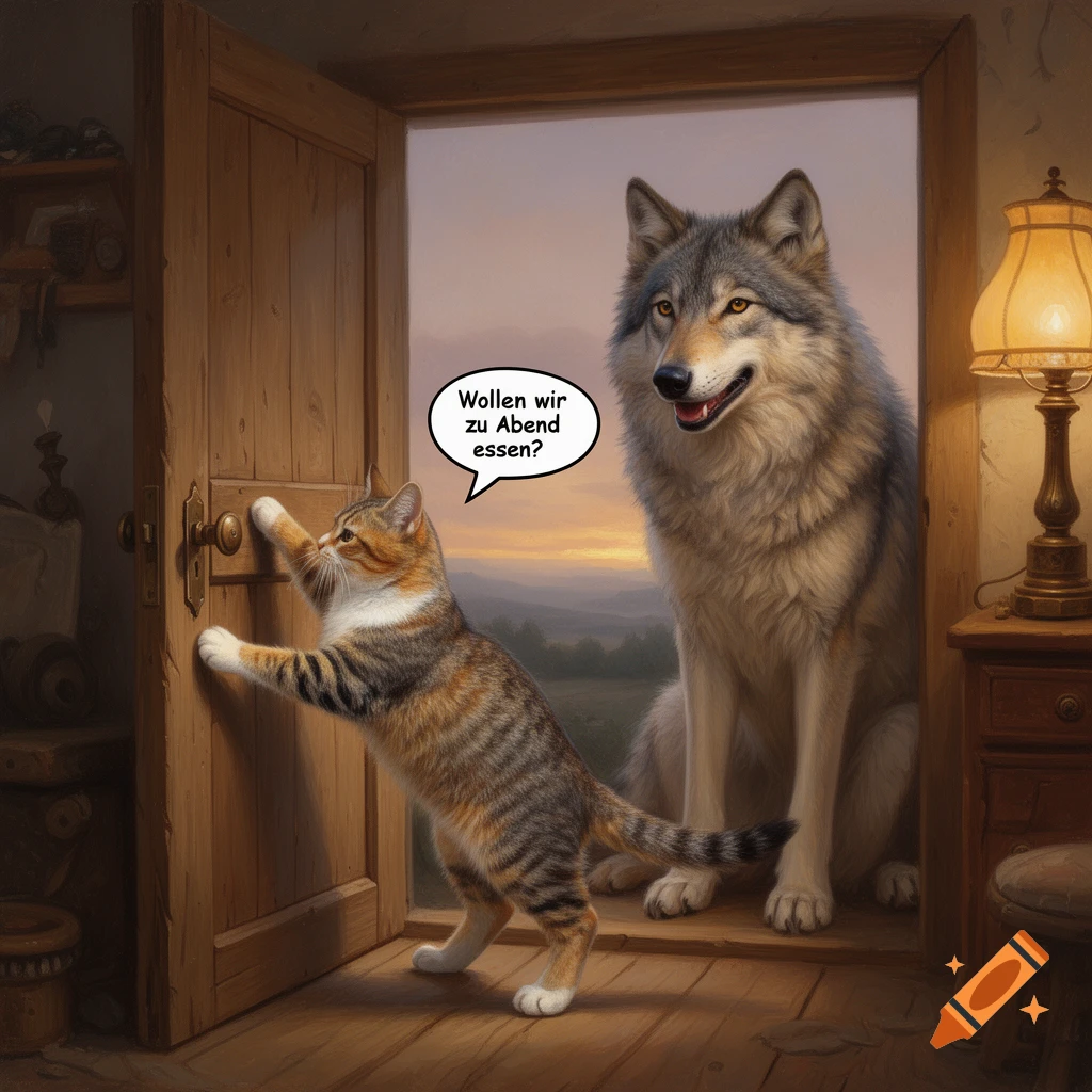 A tabby cat opens a wooden door to a friendly grey wolf with a speech bubble saying 'Wollen wir zu Abend essen?'