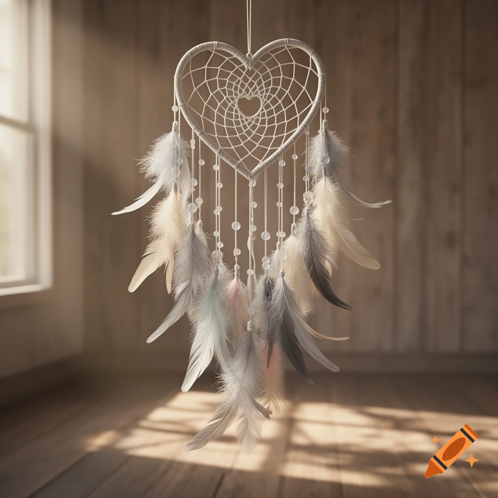 A heart-shaped dreamcatcher with white weaving, beads, and white, grey, and light pastel feathers hangs in a sunlit room with wooden floors.