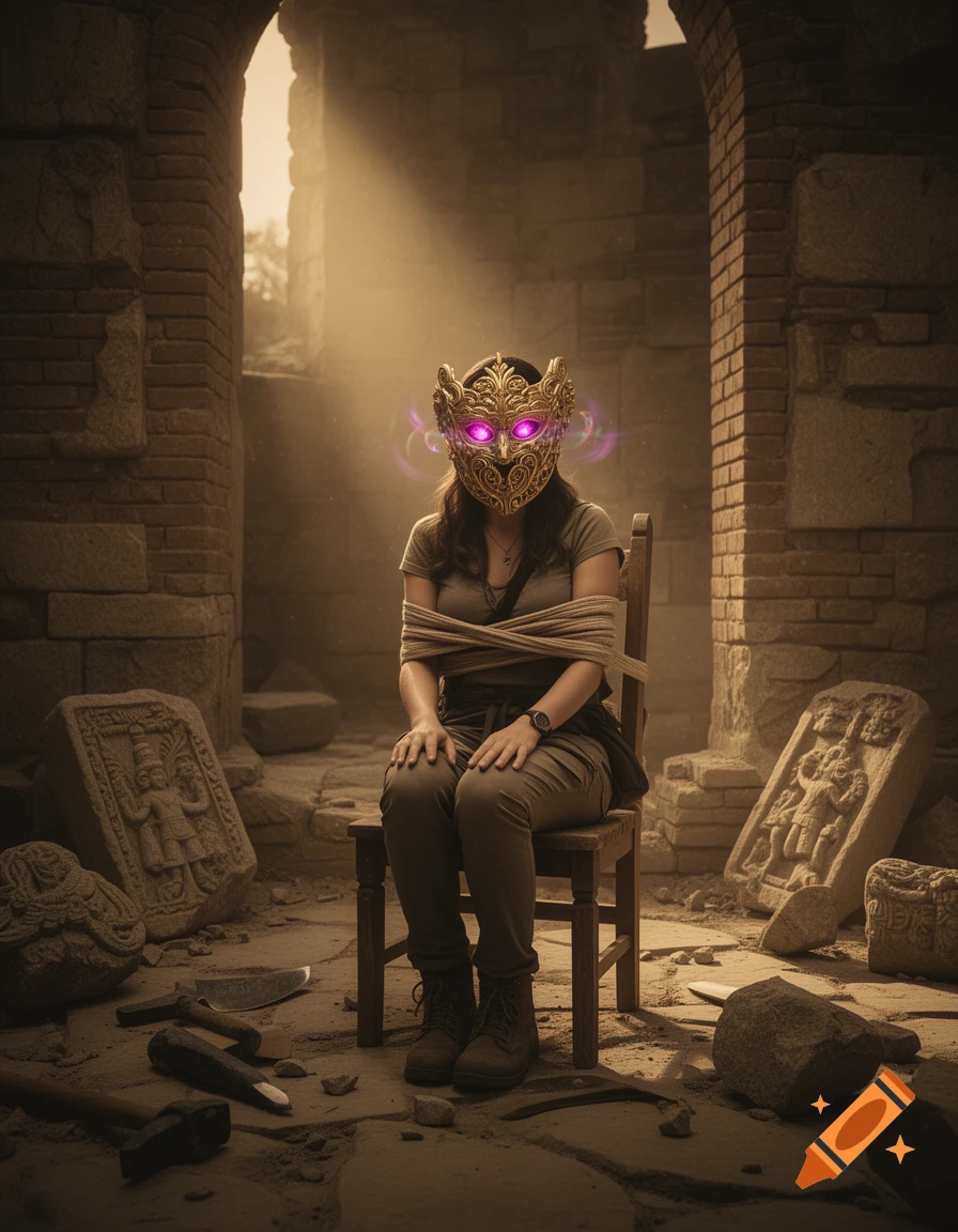 Female archaeologist bound to a chair in ancient ruins, wearing a glowing golden mask.