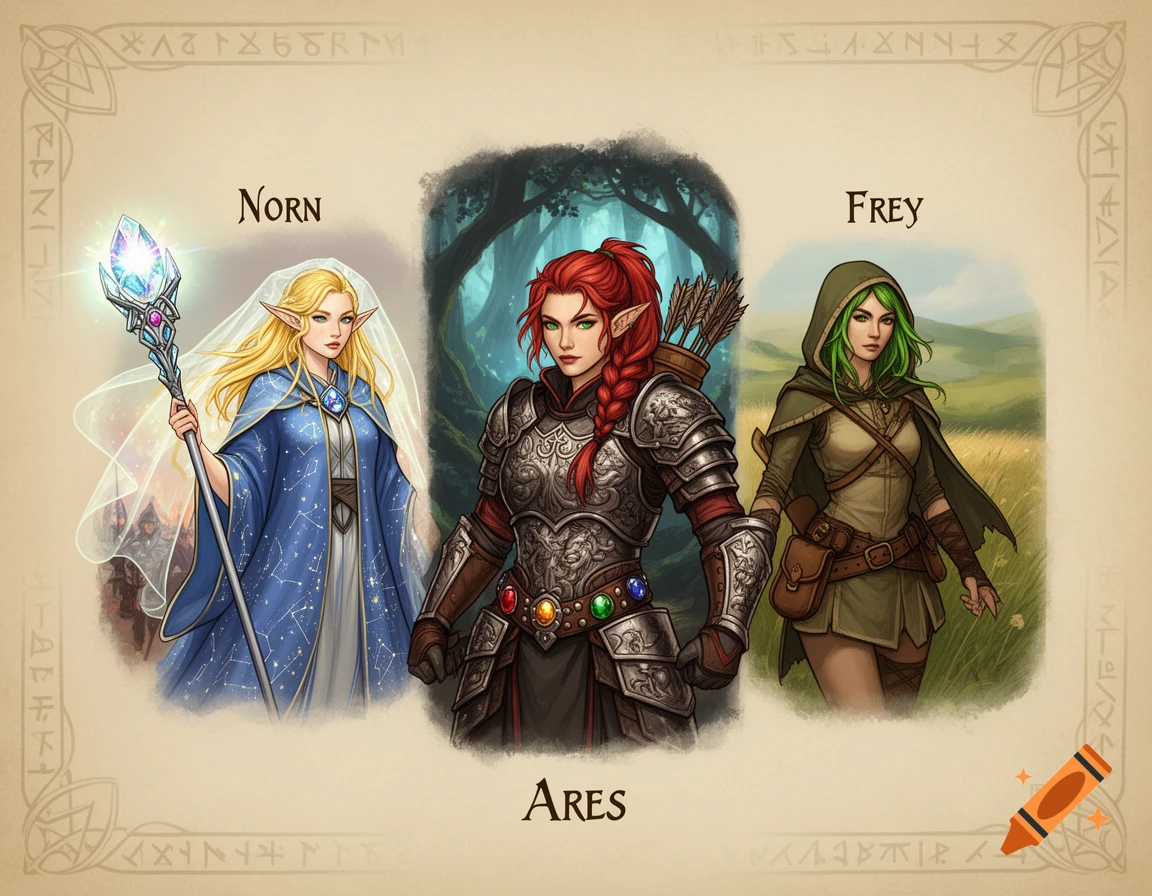 A character design sheet features three female fantasy characters: Norn the blonde elf wizard, Ares the red-haired warrior, and Frey the green-haired ranger.