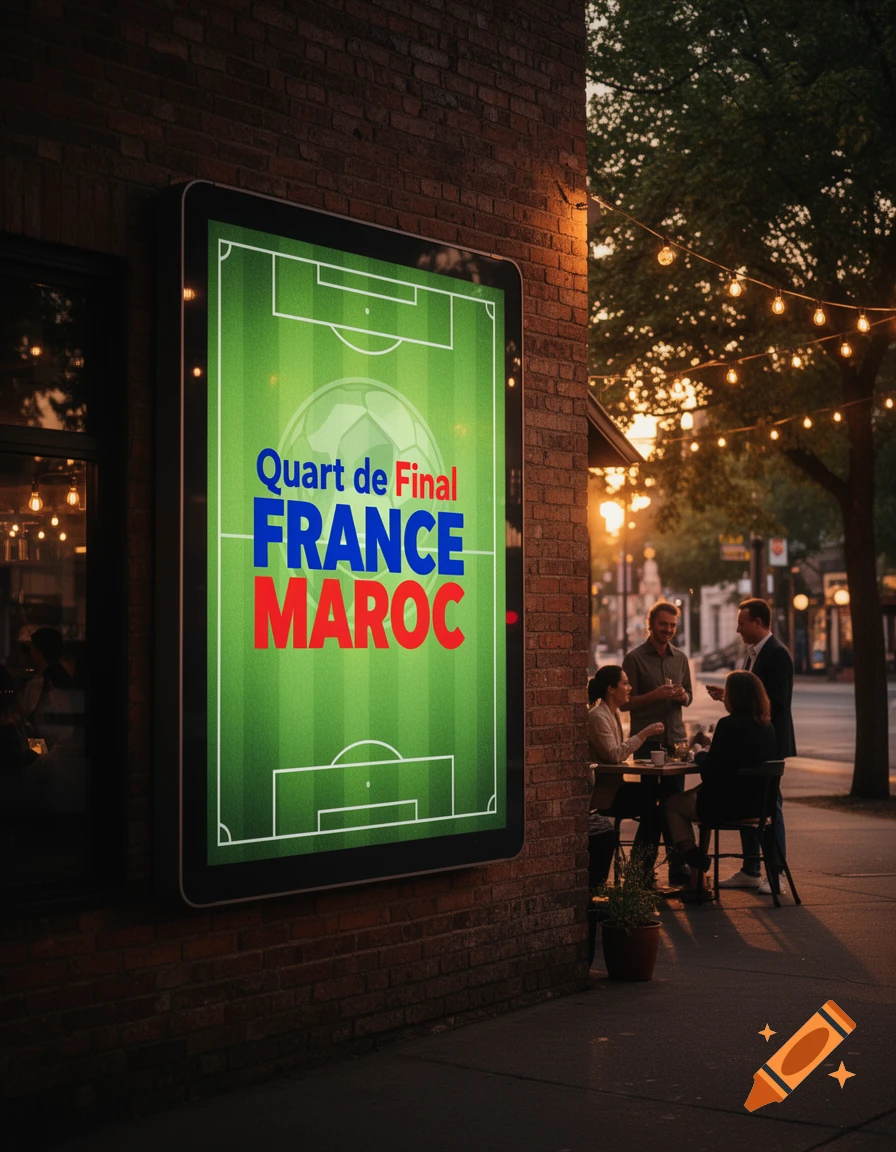 A glowing poster for "Quart de Final FRANCE MAROC" on a brick wall, with people seated at a cafe patio on a charming street at dusk.