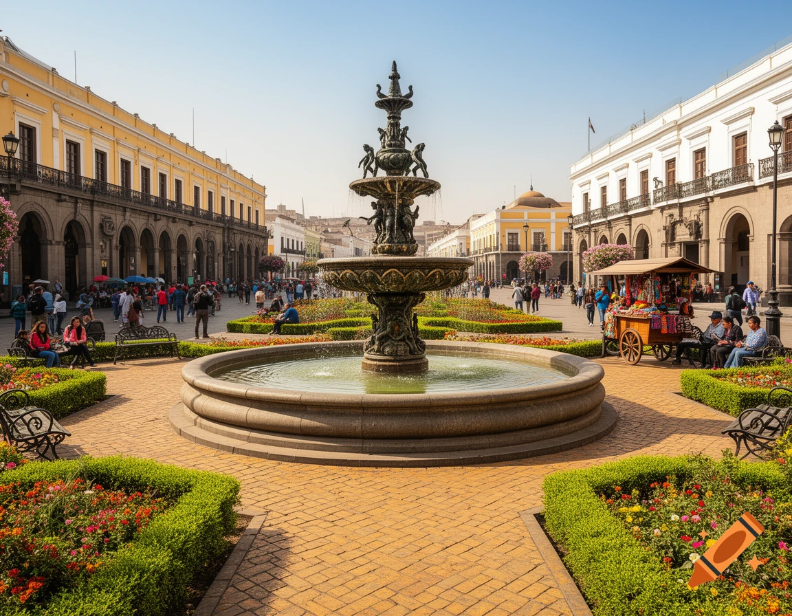 Photorealistic colonial plaza with an ornate central fountain, gardens, people, and historic buildings under a sunny sky.