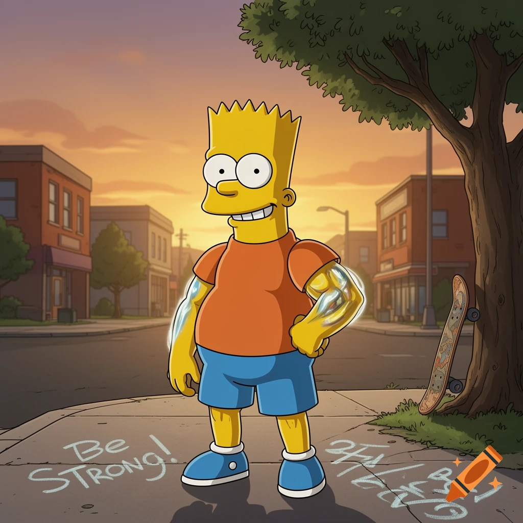 Bart Simpson with shiny, muscular arms stands on a sidewalk at sunset. Buildings line the street, a tree with a skateboard is to his right, and "Be STRONG!" is written on the ground. Cartoon style.