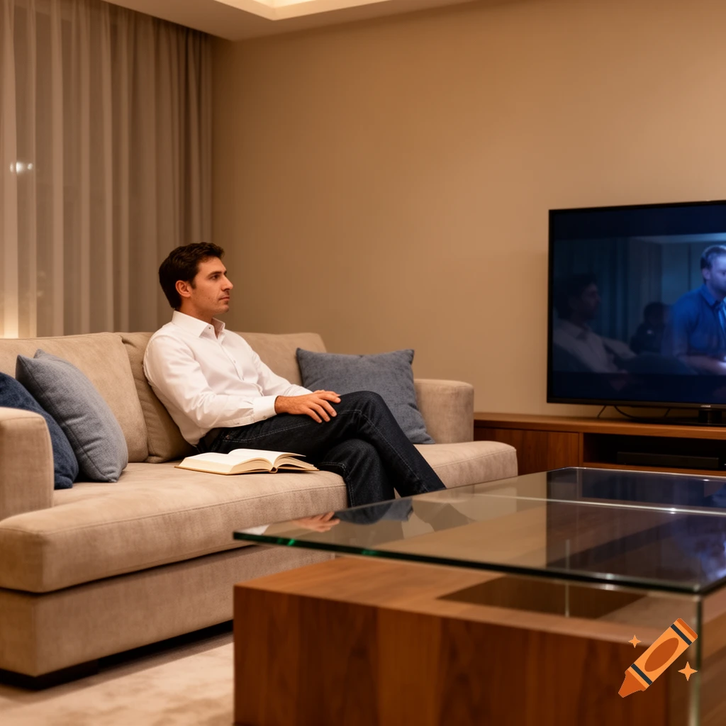 A man in a white shirt and jeans sits on a beige sofa, looking towards a TV in a modern living room.