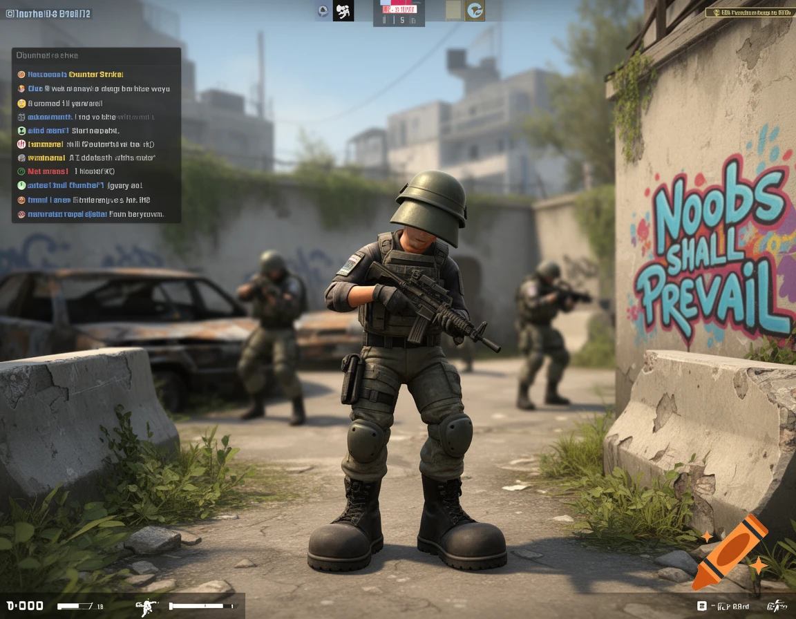 A cartoonish soldier with oversized boots and helmet holds a rifle in a game-like urban setting with graffiti reading 'NOOBS SHALL PREVAIL' on a wall.