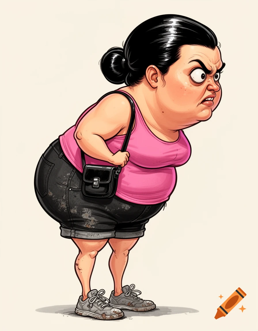 A cartoon caricature of an angry woman with black hair in a bun, wearing a pink tank top, dirty shorts, and sneakers, leaning forward with a scowl.